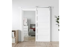 COSHOMER 36in x 84in White Sliding Barn Door with 6.6ft Brushed Nickel Barn Door Hardware Kit & Handle, 5-Panel, Pre-Drilled Holes Easy Assembly, Water-Proof PVC Surface