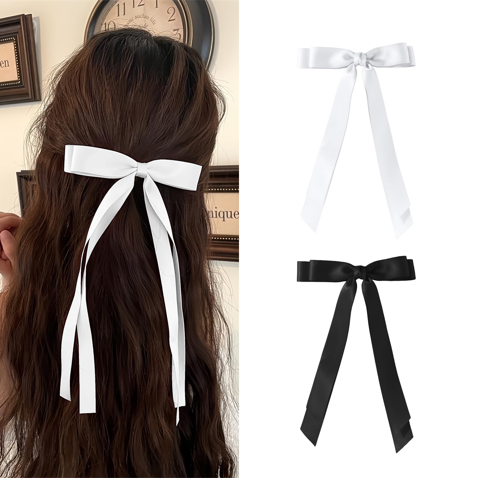YUJINGTING Hair Bows for Women, Black White 2PCS Silky Large Bow Hair Clip French Solid Bowknot Barrettes Hair Accessories for Girls