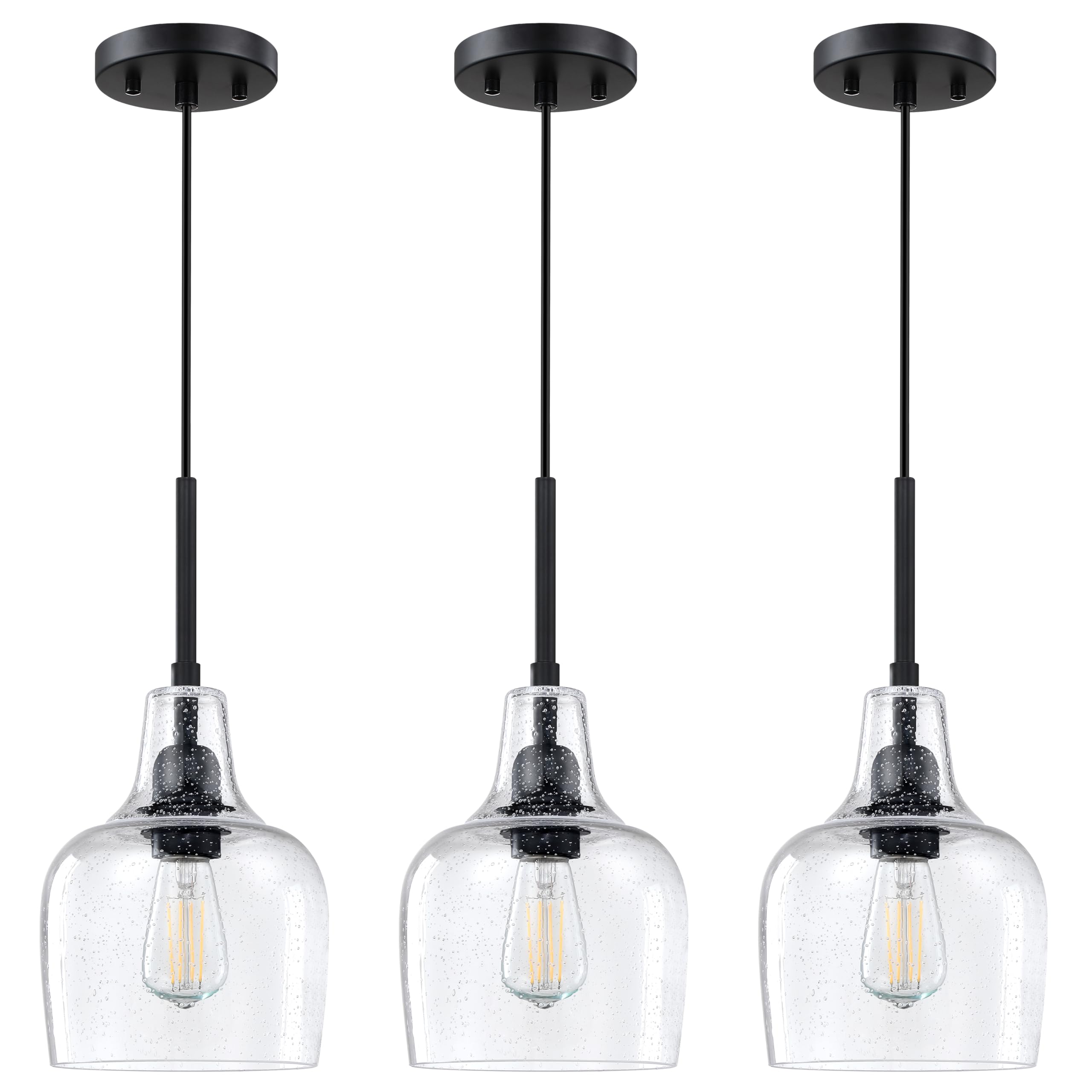 Photo 1 of 3 Pack 1 Light Indoor Hanging Kitchen Island Pendant Ceiling Light 6.1" Clear Seeded Glass Fixture,Black Finish for Farmhouse Over Sink Bedroom Hallway