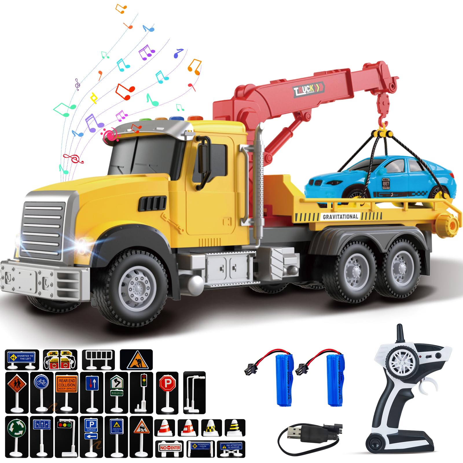 Photo 1 of 2.4GHz Remote Control Tow Truck for Kids – RC Log Truck with Racing Car, 4 Channel RC Transport Crane Vehicle Toy with Lights & Sounds, 28PCS Traffic Signs, 2 Batteries – Birthday Gift for Boys Girls
