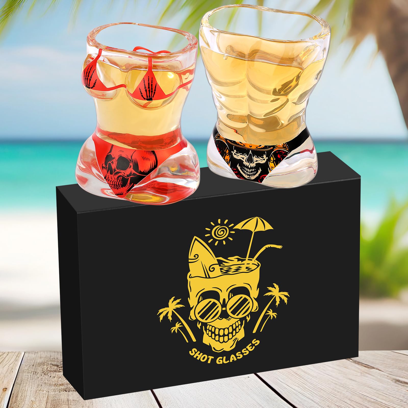 Muscle Man & Bikini Glass Shot Glasses, Personality Skull Design, Set of 2 with Logo Gift Box, 30ml Heavy Base Shot Glass, for Alcohol Shots, Vodka, Expresso, Tequila & Dessertsor Durable and Reusable