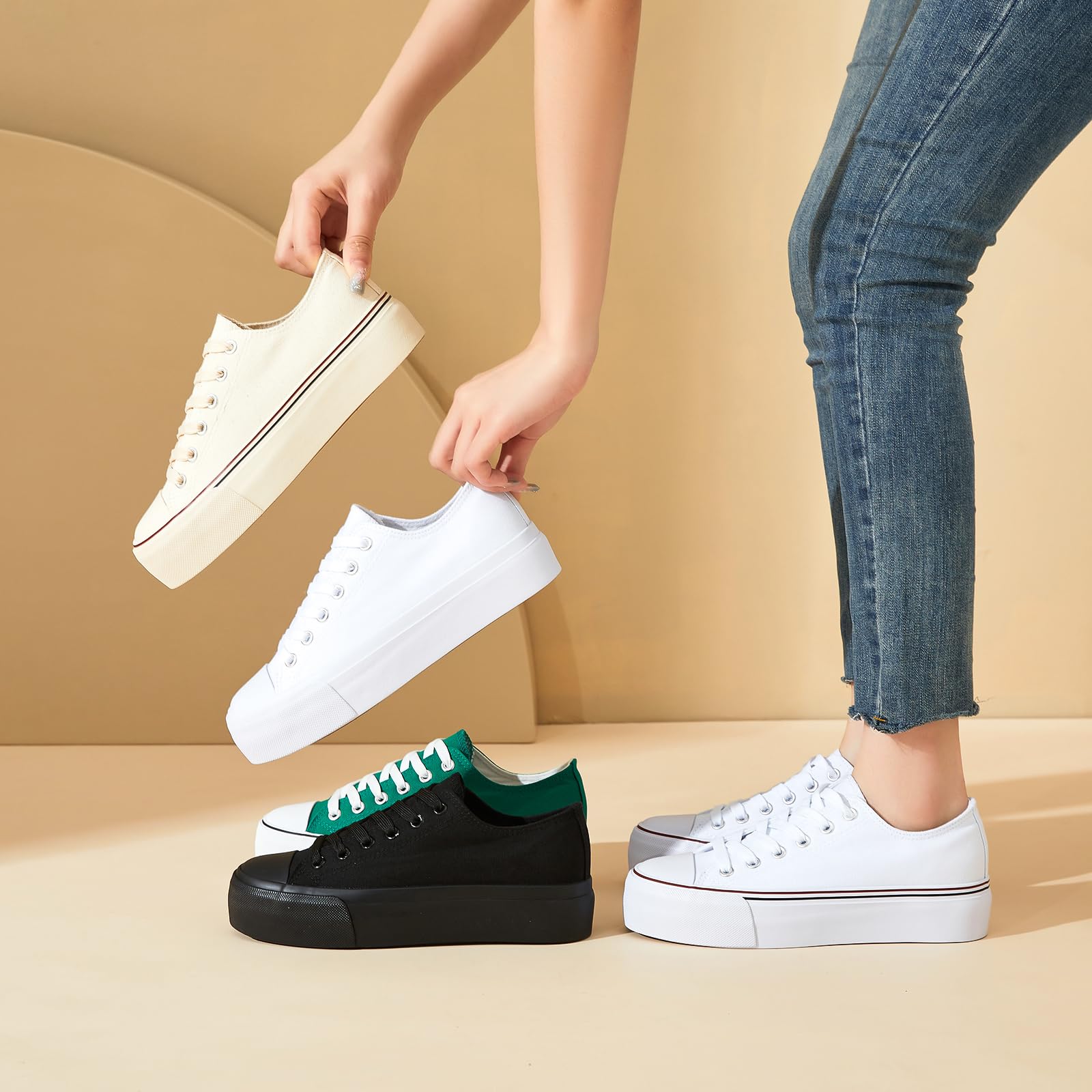 hash bubbie Platform Sneakers for Women White Platform Shoes Low Top Tennis Shoes Non Slip Black Fashion Canvas Sneakers