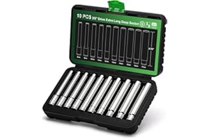 TecoTek 10PCS 3/8-Inch Drive Extra Deep Metric Socket Set, 6 Point, 8mm to 17mm, No Skipped Sizes, 120MM Deep CR-V Socket for