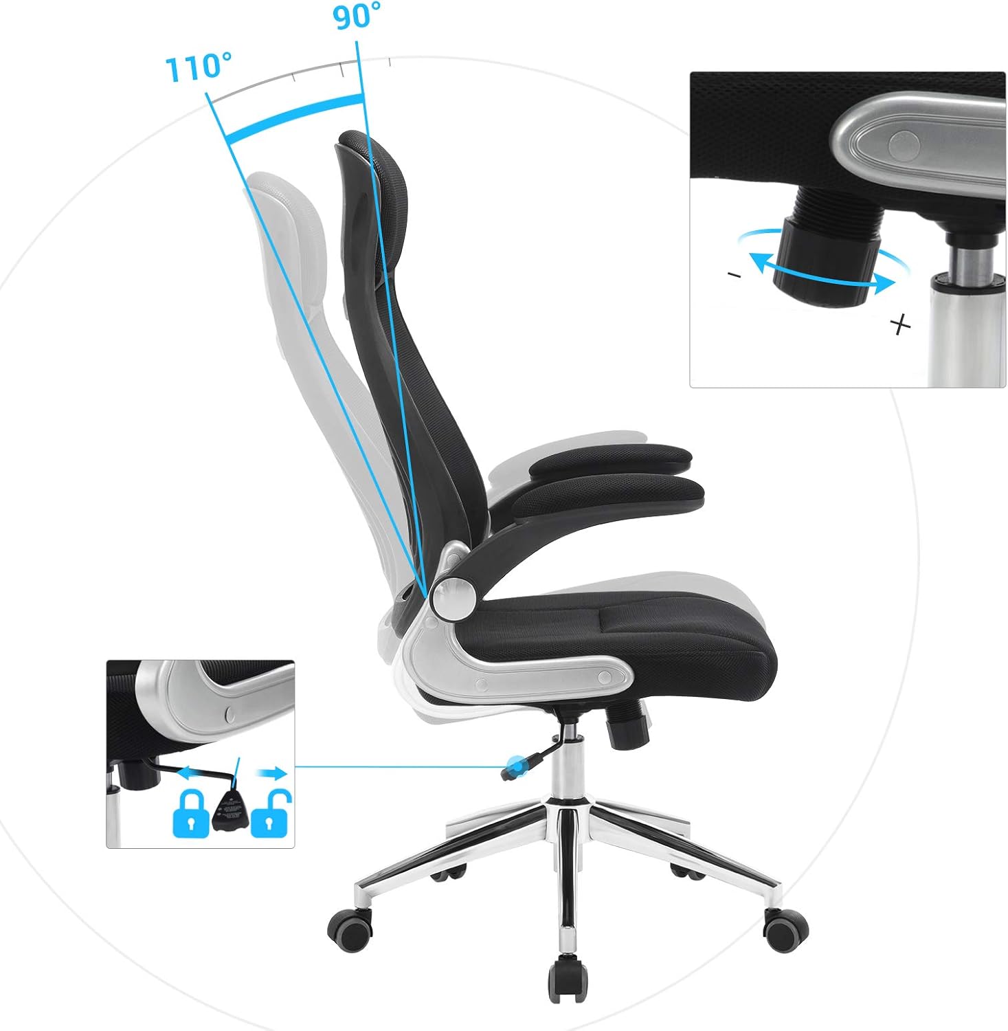 SONGMICS Office Chair High Back, Mesh Office Chair, Swivel Desk Chair, Flip up Armrests, OBN86BUK, Ink Black, 45-54.5 - Image 5