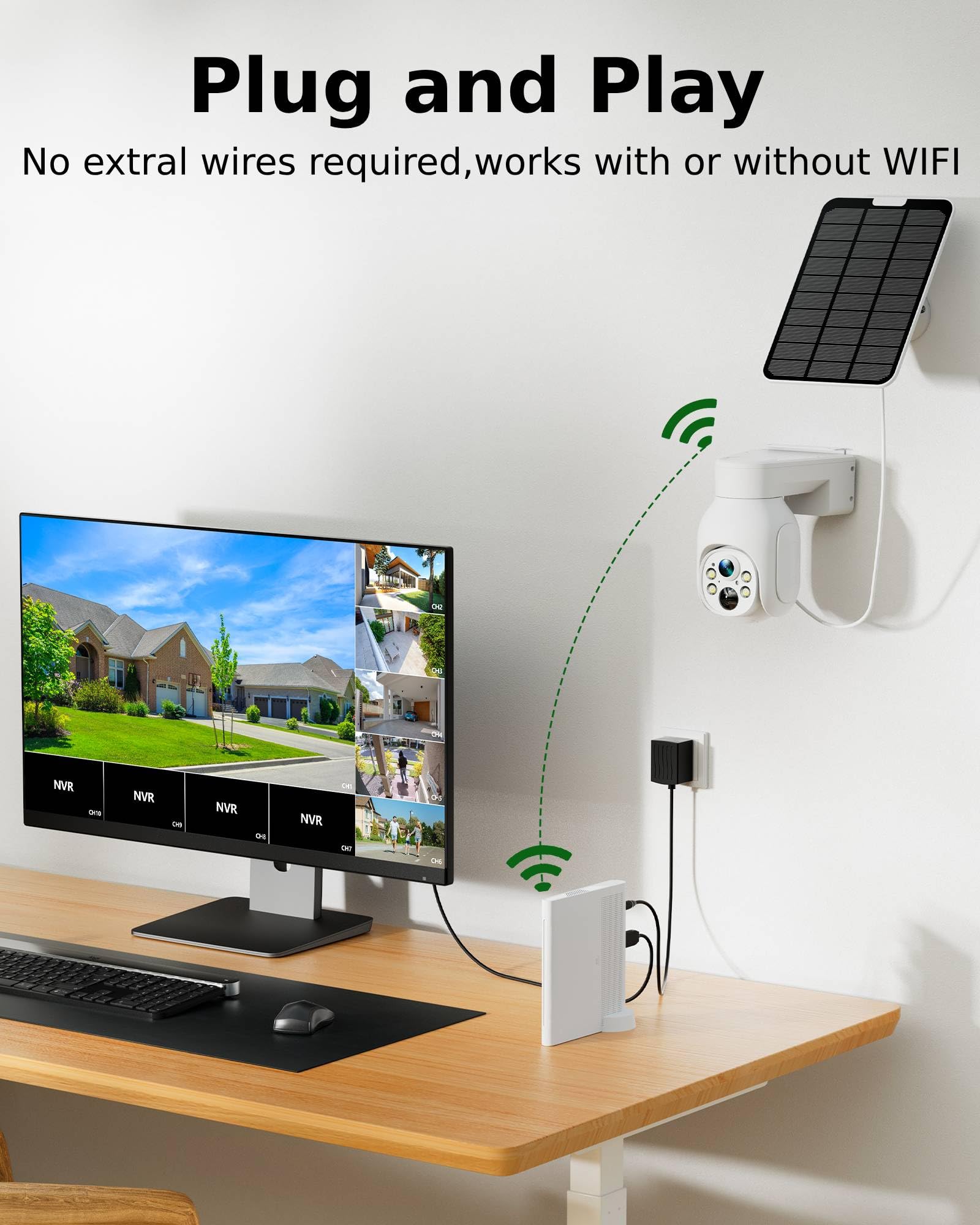 Camcamp Wireless Security Camera System, Solar Powered PTZ 4MP 6 Cam-kit Camera Security System, 500GB HDD NVR,Easy Installation, Color Night Vision, 2 Way Audio, 2.4G & 5G WiFi for Home Outdoor