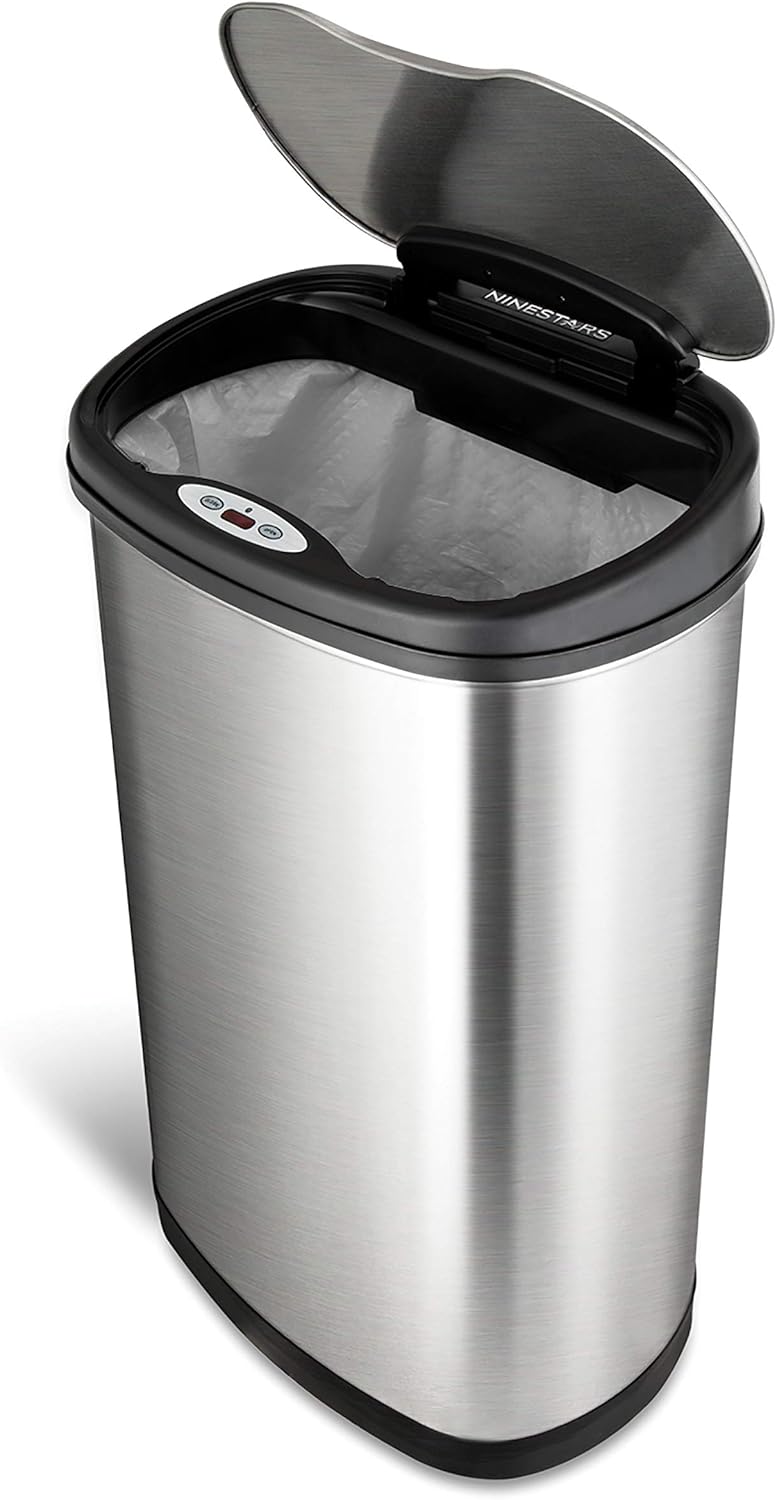 Ninestars DZT-50-13 Automatic Touchless Motion Sensor Oval Trash Can with Black Top, 13 gallon/50 L, Stainless Steel: Home & Kitchen