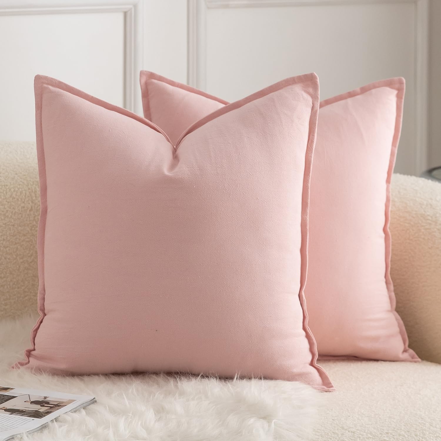 Mandioo Pack of 2 Neutral cotton Cushion Covers 50x50 cm 20x20 inch Solid Decorative Couch Throw Pillowcase Boho Farmhouse Home Decor for Sofa Living Room Bed Bedroom Pink