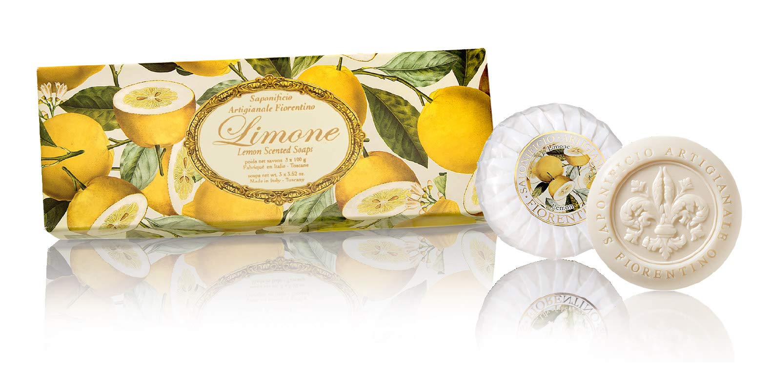 Gift Box of Italian Lemon soap, round soaps sculpted with lily, pleated wrapping and label, 3 x 3.52 oz