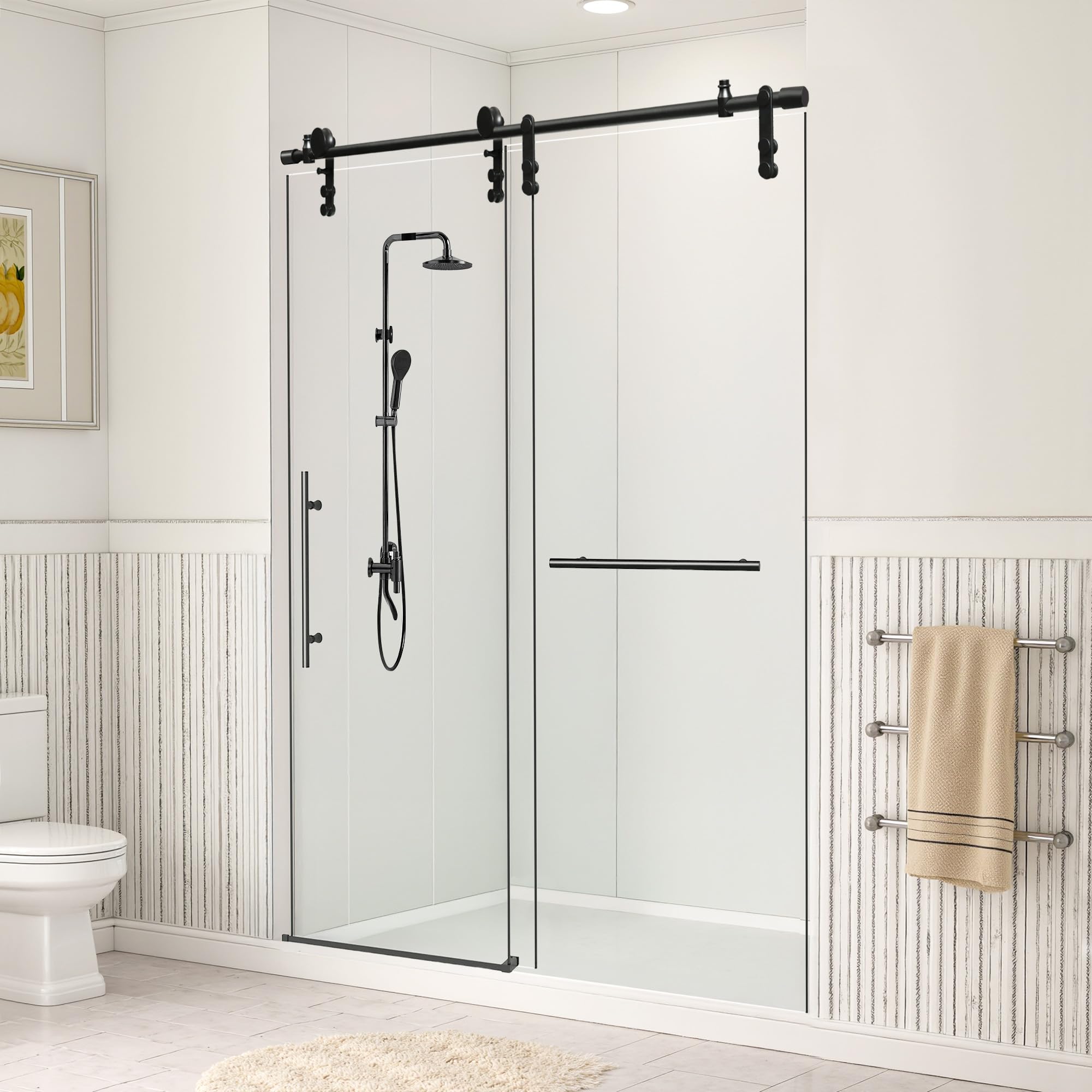 Photo 1 of **SCRAPE DAMAGE ON POLE**HIGREENA Shower Door 44-48" W x 76" H, 5/16" (8mm) Single Sliding Shower Glass Door, Frameless Shower Door with ANSI Tempered Glass, Towel Rail and Auxiliary Handle, Matte Balck