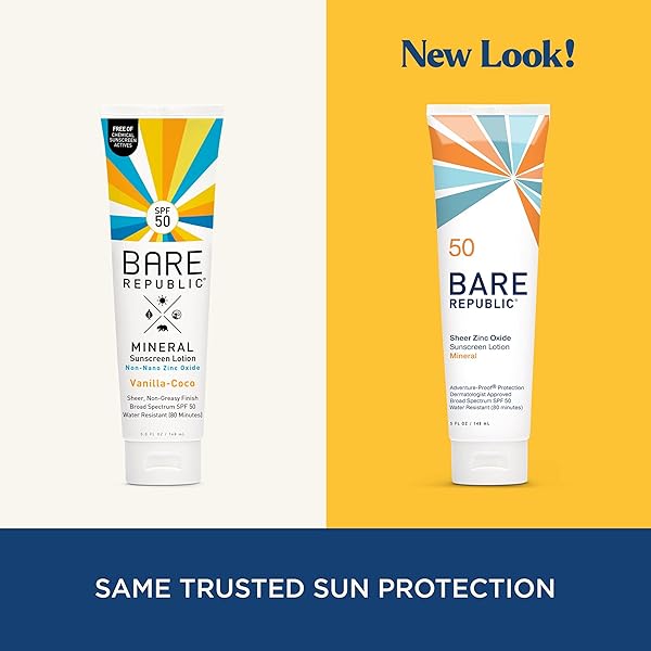 BARE REPUBLIC SPORT MINERAL SUNSCREEN SPF 50 SUNBLOCK BODY LOTION, FREE OF CHEMICAL ACTIVES, VANILLA COCO SCENT, 5 FL OZ
