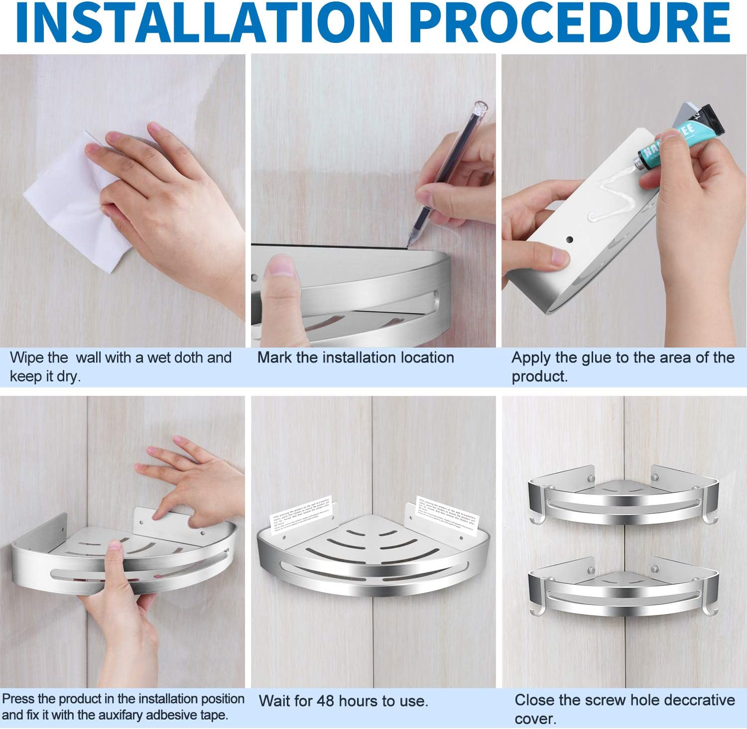 AK KYC Shower Corner Shelf Shower Caddy Wall Mounted Aluminum Bathroom Shelves-Strong Adhesive (No Drilling) in 2 Pack with 4 Removable Hooks Rustproof Aluminum Basket Organizer Hanging Storage-Silver: Home Improvement