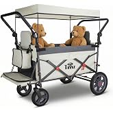 TMZ Collapsible Wagon with 2 Foldable Seats, Folding Wagon with Canopy, Multi Functional Cart with Adjustable Handle Bar, Front Expandable for Transport Camping (Grey/Beige)