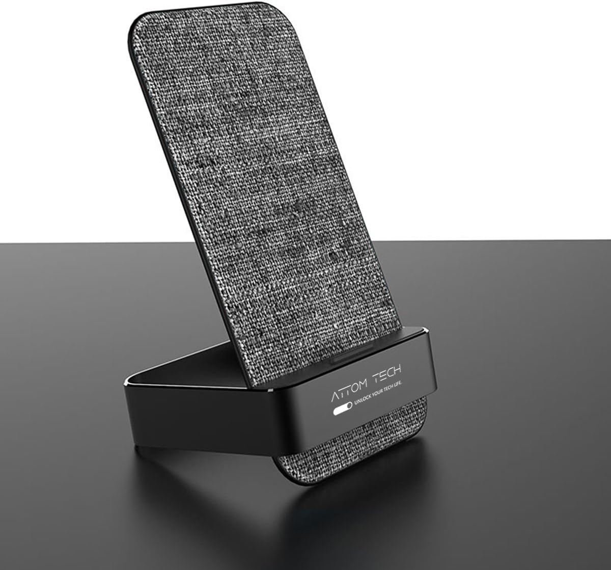 Attom Tech Fast Wireless Charger Stand 7.5W for iPhone X 8 Plus, 10W for Samsung Galaxy S9/S9 Plus S8/Note 8/5/S7, 5W for All Other Qi Devices; Aluminum Canvas Fabric Wireless Charging Station Base