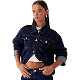 Sarwoldey Women's Classic Collared Folded Cuffs Dark Indigo Denim Jacket