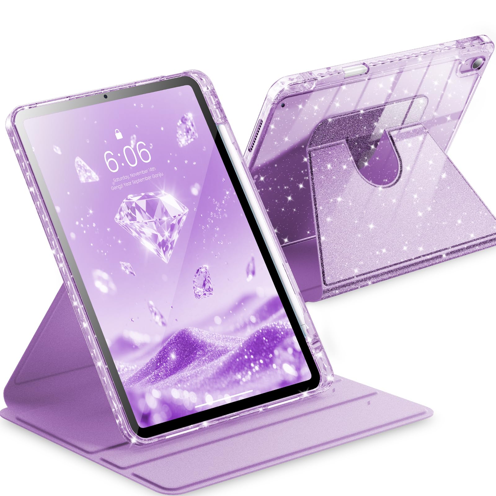 Photo 1 of INFILAND Rotating Case for iPad Air 11 Inch M4 2026/M3 2025 / M2 2024, iPad Air 5th Generation/4th Generation 2022/2020 10.9 Inch 360 Cute Glitter Cover with Clear Back, Pencil Holder (Light Purple)