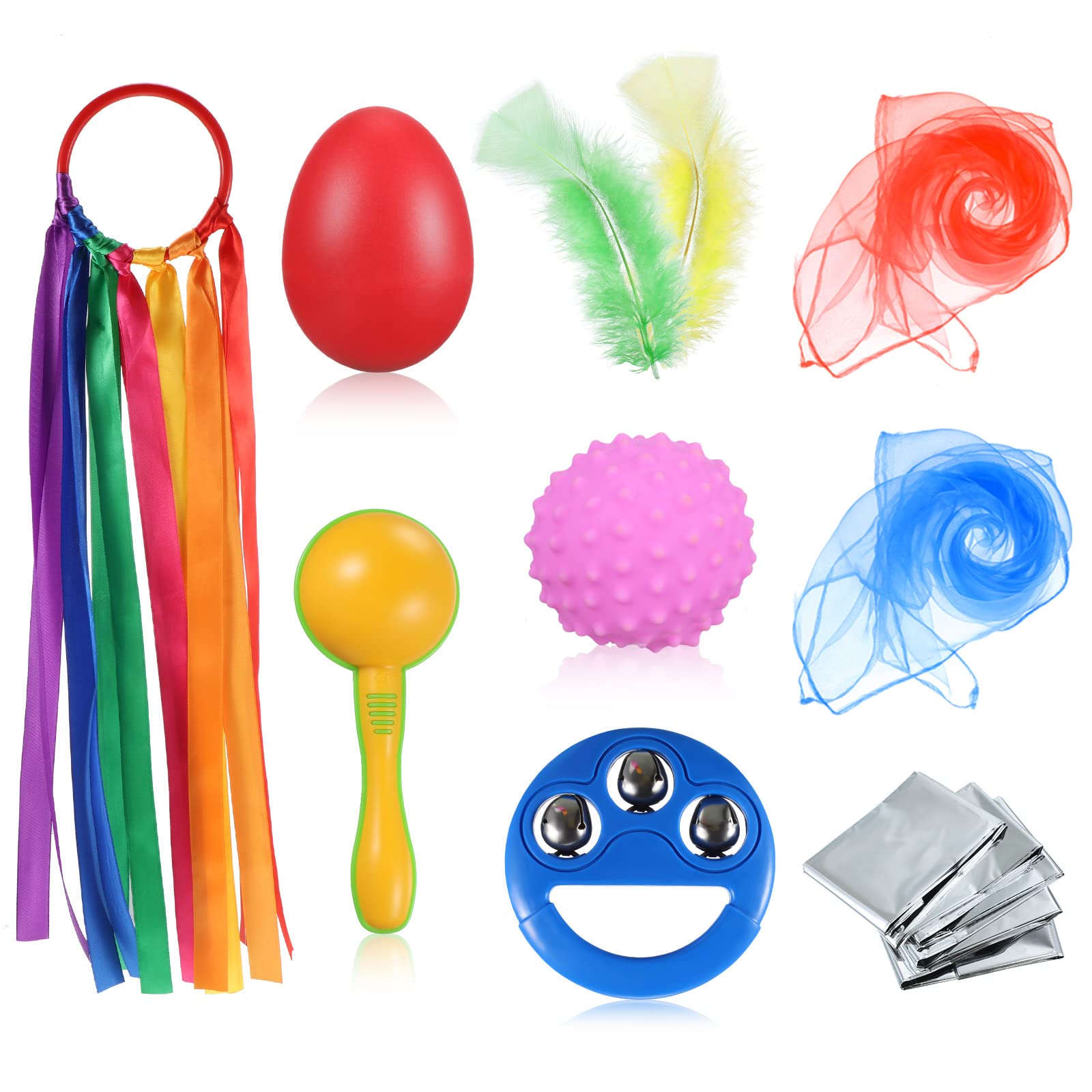 11 Pcs Baby Sensory Toys Include Dance Scarves, Foil Blanket, Feather, Ribbon, Maraca, Bell, Egg Shaker, Textured Ball and Storage Bag for Baby Gifts Party Activity Children Movement Play Supplies
