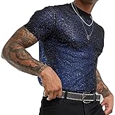 Evankin Mens Sexy Glitter Shirt Top See Through Lace Short Sleeve T-Shirt Sheer Mesh Undershirts to Show Muscle