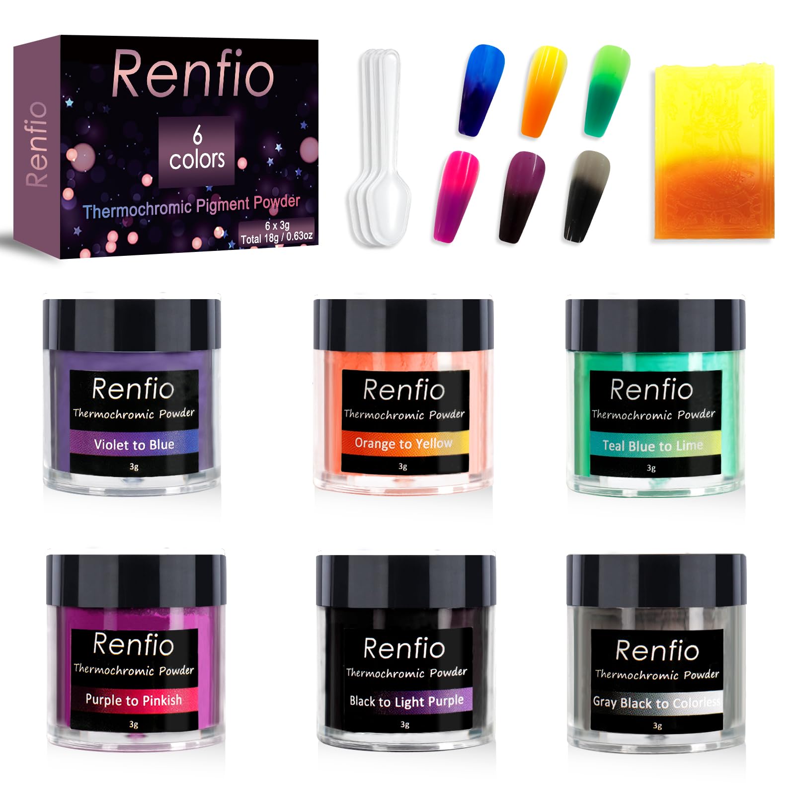Photo 1 of (MISSING 1)
Renfio 6 Colors Thermochromic Pigment Powder,18g/0.63oz Color Changing Powder Temperature Activated at 88?/31?,Thermochromic Pigment 3g Each for Epoxy Resin,Slime,Nail,Tumblers,Paint,Fabric,Dye