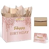 Small Birthday Gift Bag 7" Medium Square Rose Gold Happy Birthday Gifts Wrap Bag with Tissue Paper and Card & Envelope for Women, Girls, Mom, Daughter, Sister, Friend Bday Party Decorations & Supplies