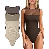 OQQ Women 2 Piece Bodysuit Mesh Ruched Sleeveless Turtle Neck Shapewear Body Suits One Piece Leotard Shirt Going Out Tops