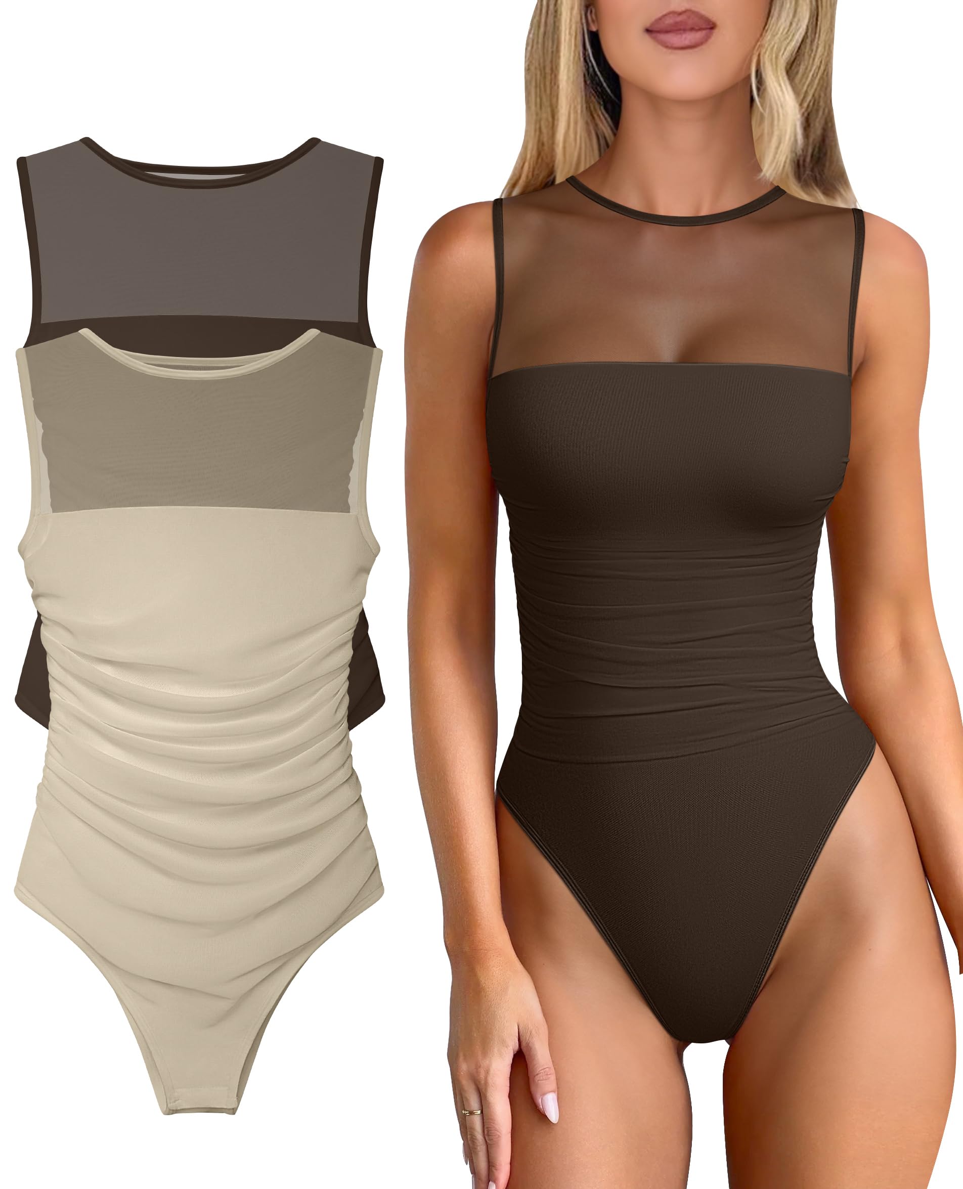 Photo 1 of **RUNS SMALL** OQQ Women 2 Piece Bodysuit Mesh Ruched Sleeveless Turtle Neck Shapewear Body Suits One Piece Leotard Shirt Going Out Tops Darkbrown Oatmeal