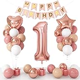 Boho 1st Birthday Decorations for Girls, Dusty Pink Rose Gold White Balloons with 40 Inch Number 1 Star Heart Foil Balloons Happy Birthday Banner for 1 Year Old Birthday Anniversary Baby Shower Decor