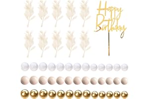 DRWATE Khaki Balls Cake Topper Boho Grass Cake topper Khaki White Gold Pearl Balls Happy Birthday Cake Decorations for Wedding Birthday Boho Themed Supplies (Khaki)