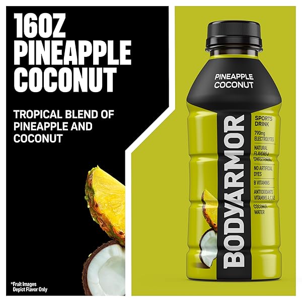 BODYARMOR SPORTS DRINK SPORTS BEVERAGE, PINEAPPLE COCONUT, COCONUT WATER HYDRATION, NATURAL FLAVORS WITH VITAMINS, POTASSIUM-PACKED ELECTROLYTES, PERFECT FOR ATHLETES, 16 FL OZ (PACK OF 12)