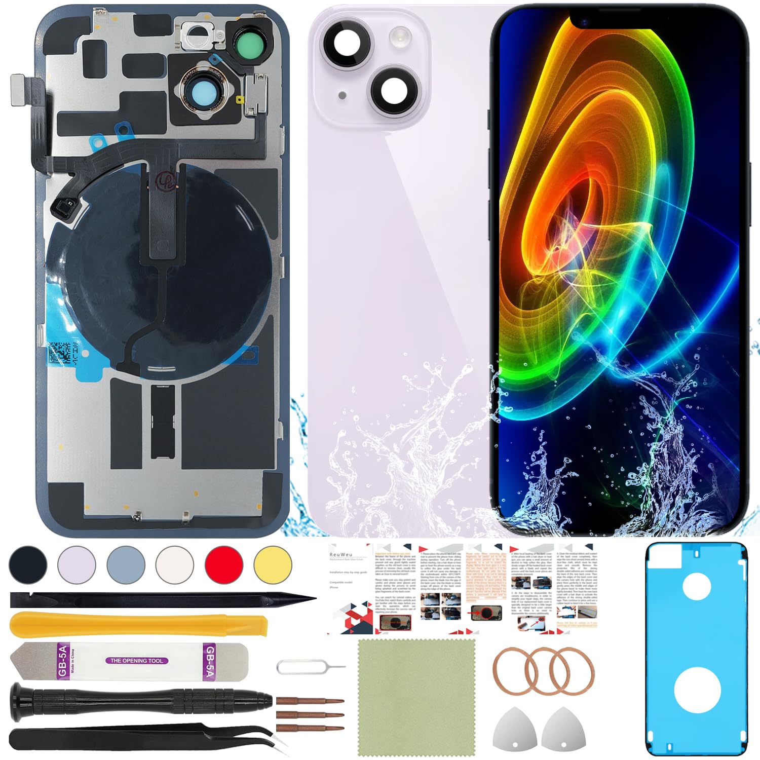 ReuWeu Back Glass Replacement Compatible with iPhone 14 All Carriers 6.1" + Pre-Installed Plate + Wireless Charging Coil Flex Cable + Microphone + Flashlight + Camera Frame (Purple)
