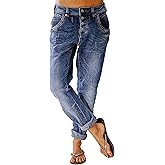 Flamingals Women's Stretchy Straight Leg Casual Mid Rise Jeans Wash Button Fly Stitch Detail 90s Trendy Denim Jeans