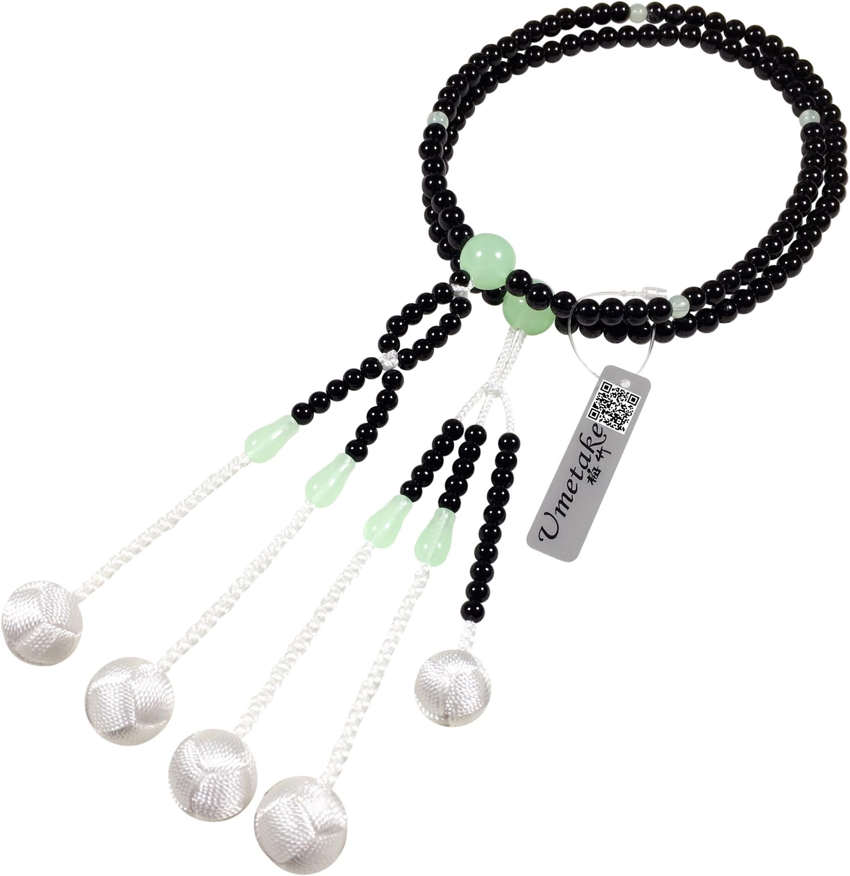 Umetake Buddhist prayer beads for men Nichiren juzu PC Black agate PC Green jade and White woven balls Buddha rosary Nenju pouch free of charge