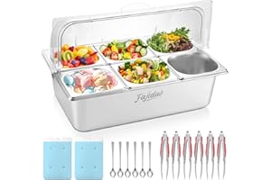 FAJIDUO Countertop Ice Food Serving Display Container, Spice Display Salad Dressing Cooler, Stainless Steel Food Serving Tray Buffet Condiment Dispenser with Clear Roll Top Cover, Clamps, Spoons, Ice Box