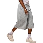 OYOANGLE Men's Gym Sweat Shorts Hip Hop Solid Below Knee Loose Basketball Athletic Capri Shorts with Pockets