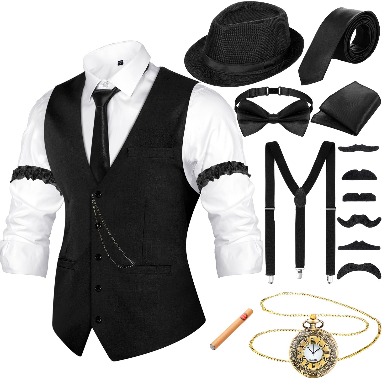 Photo 1 of Neer 1920s Mens Costume Accessories Outfit with Gangster Vest Hat Vintage Pocket Watch Bow Tie Suspenders Accessories (Black, Large)