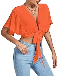 LYANER Women's Deep V Neck Tie Front Knot Wrap