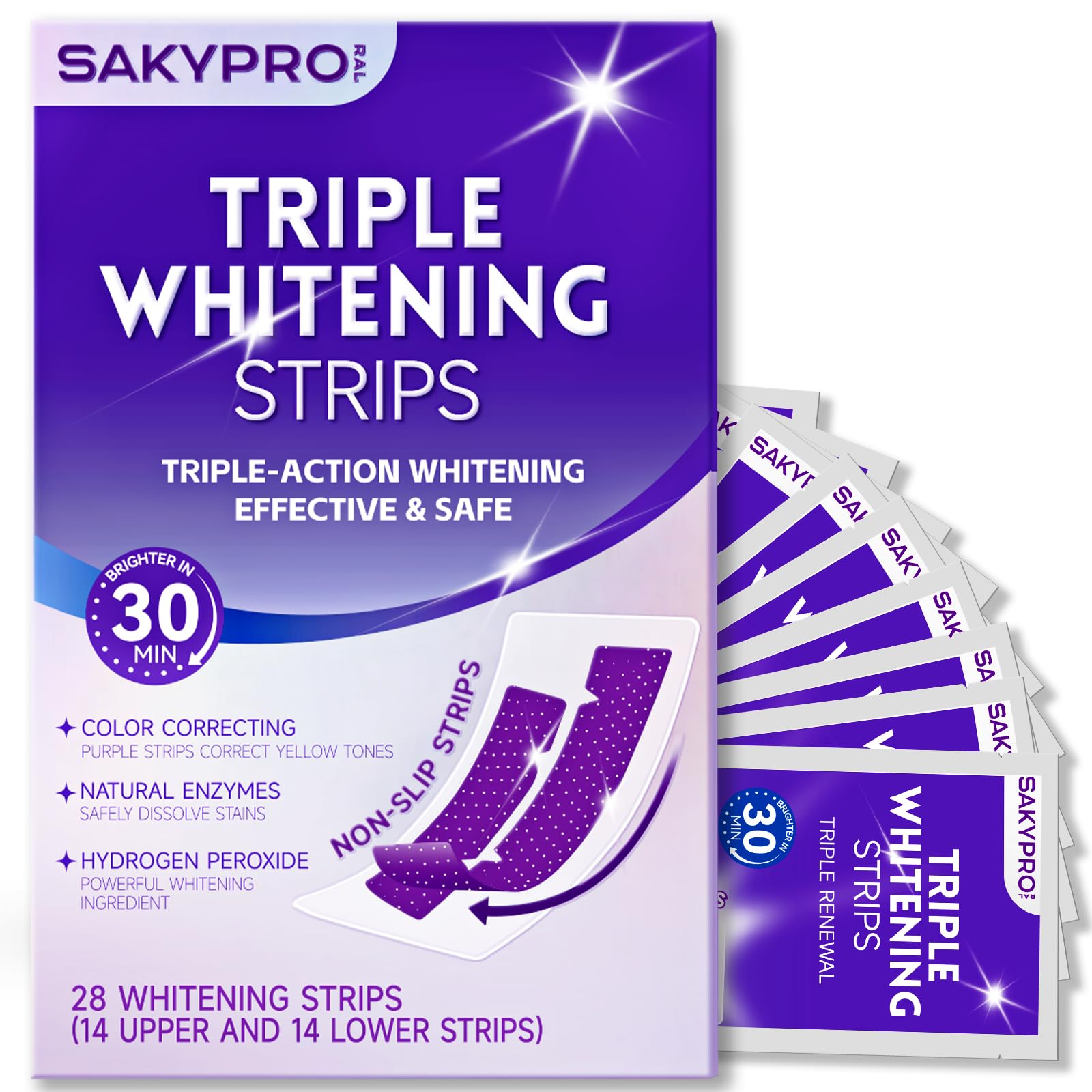 Photo 1 of SAKYPRORAL Purple Whitening Strips, 90-Day Long-Lasting Results, Enamel Safe & Low-Sensitivity, Professional Teeth Whitening Strips with Non-Slip Dry Strip Technology (28 Count (Pack of 1))