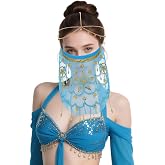 Avxdbr 2 Pcs Halloween Belly Dance Costume Set for Women | Blue Belly Dance Face Veil with Gold Head Chain for Halloween Cosplay Dance Performances and Parties
