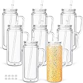 20 Oz Acrylic Snow Globe Tumbler Cup with Handle, Double Wall Plastic Snowglobe Tumbler with Pre-Drilled Hole and Plug for Glitter DIY, 8 Pack