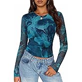 ZESICA Womens 2026 Spring Floral Mesh Going Out Tops Long Sleeve Crewneck Slim Fit Ruched Y2k Shirt Beach Vacation Outfit