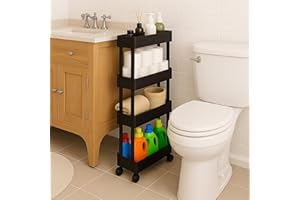 ShellKingdom 4 Tier Bathroom Storage Organizer, Slim Rolling Storage Cart for Narrow Space, Mobile Shelving Unit with Lockabl