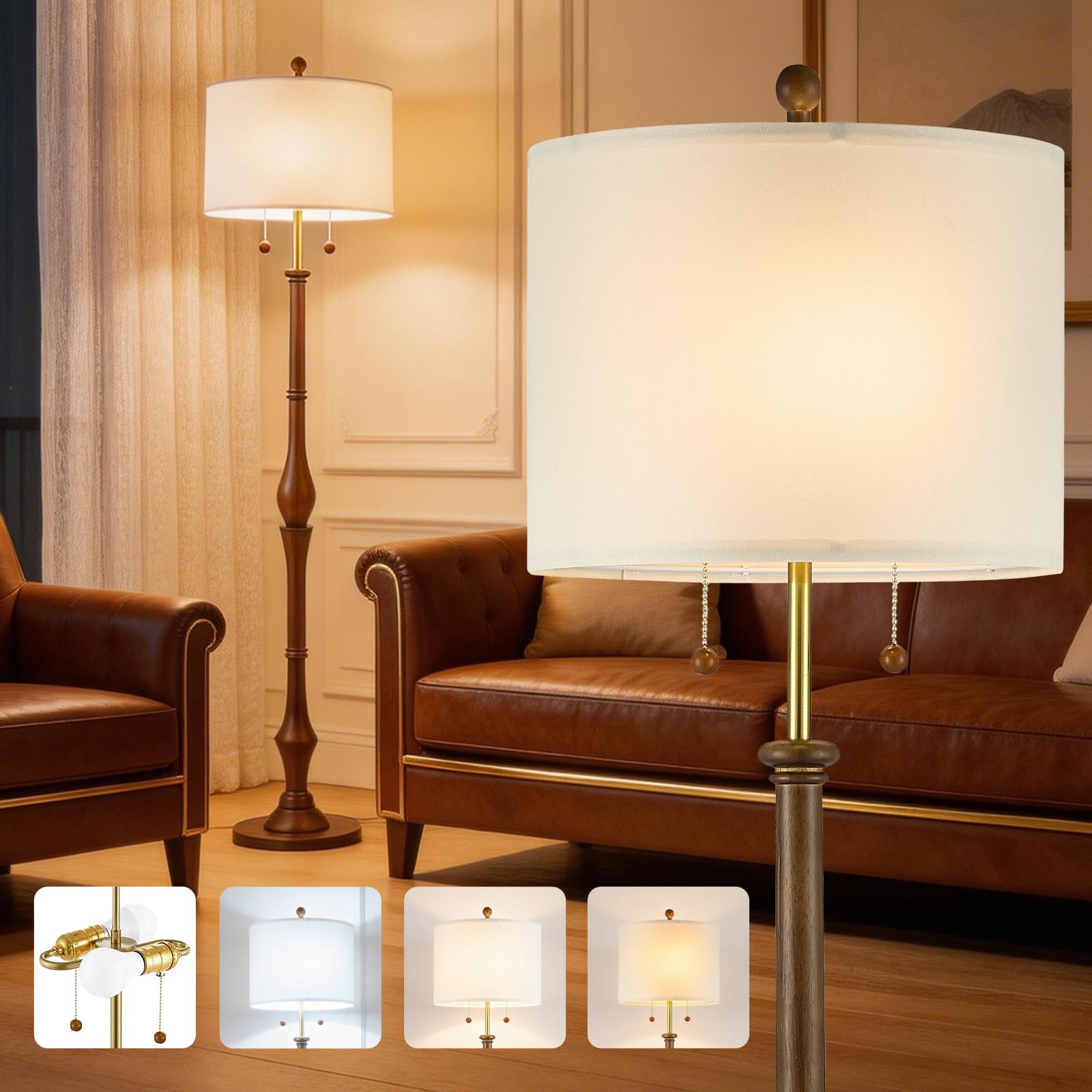 Photo 1 of CLOZIAS UL Listed 67.5" Natural Real Wood Floor Lamp with Vintage Wood Base & Linen Shade & S-Cluster Dual Pull Chain Switches, Rustic Floor Lamp for Bedroom, Living Room, Office (Bulb Included)