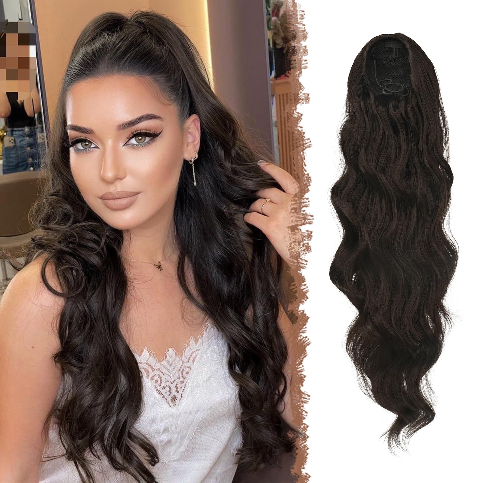 FESHFEN Long Ponytail Extension Curly Wavy Clip in Synthetic Hairpieces Drawstring Ponytail Medium Brown Pony Tail Hairpiece Hair Pony Extension for Women Girls, 24 inch