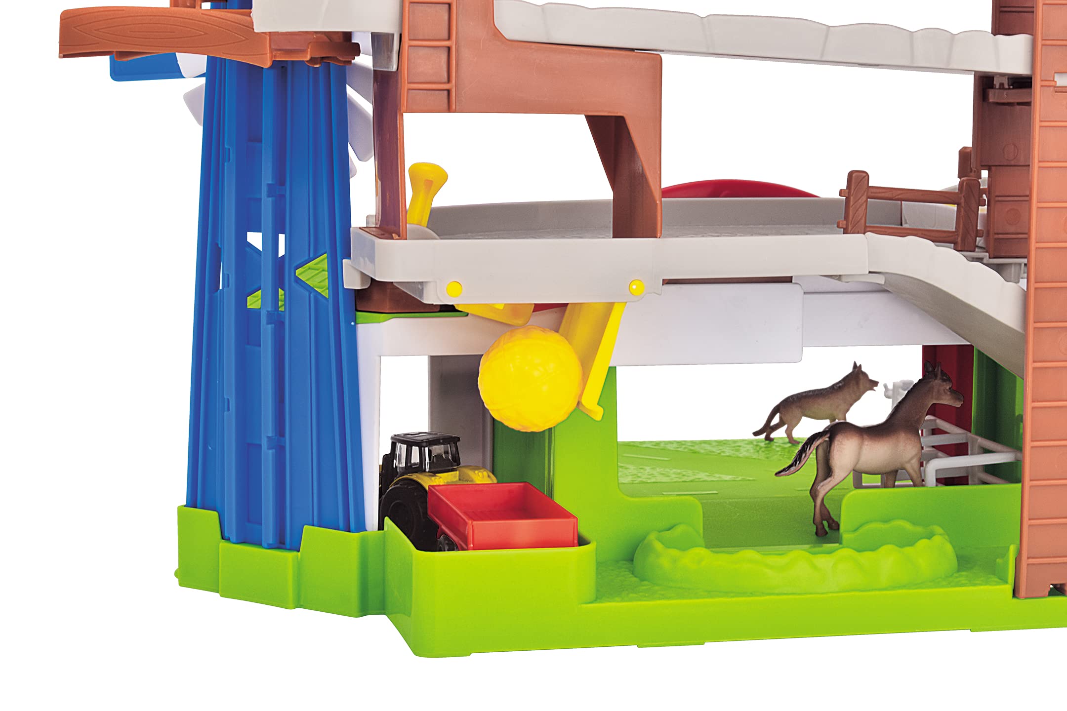 Dickie Toys 203739003 Farm Adventure Parking, Garage, Play Set, Light & Sound, Lift, Includes Animals, Hay Balls, Trap Door, 2 Toy Cars, 18 x 52 x 22.5 cm, for Children from 3 Years