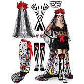 6 Pcs Day of the Dead Women Costume Set Mexican Dia De Los Muertos Outfit | Halloween Party Costume Accessories Include Tulle Skirt, Headpiece,Sugar Skull Earring,Eye Mask,Skeleton Gloves Stockings