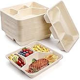 TOPZEA 50 Pack 4 Compartment Disposable Paper Plates, 9.4"x 8.6" Compostable Deep Divided Plates Heavy Duty Bagasse School Lunch Tray, Sugarcane Sectional Plate Food Containers for Dinner Buffet Party