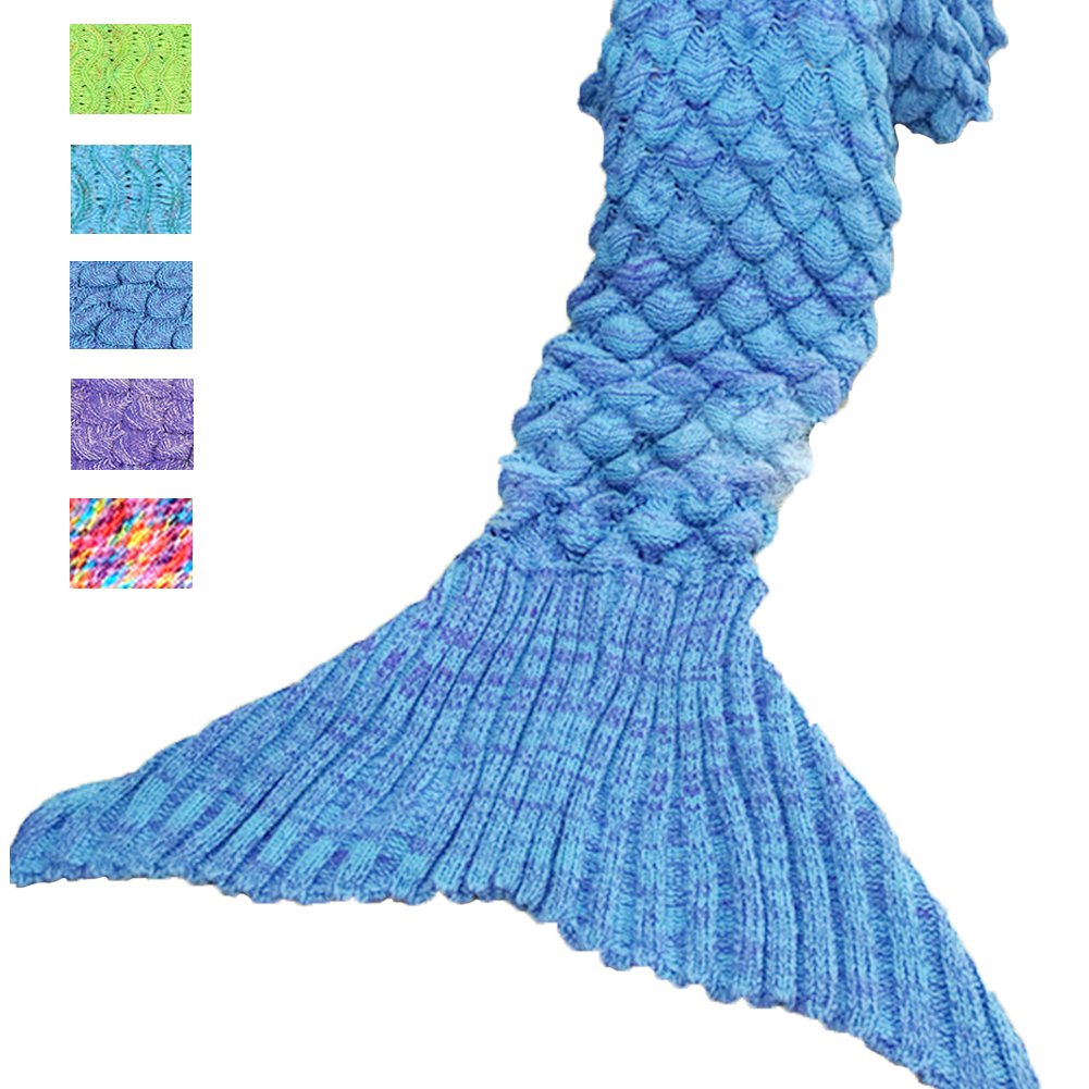 Awkli Warm Mermaid Tail Blanket Crochet Super Soft Comfortable Suitable for All Seasons Sleeping,Reading,Watching, Working,Sofa Blankets Gift for Mother Day, Halloween, Thanks Giving Day (Blue)