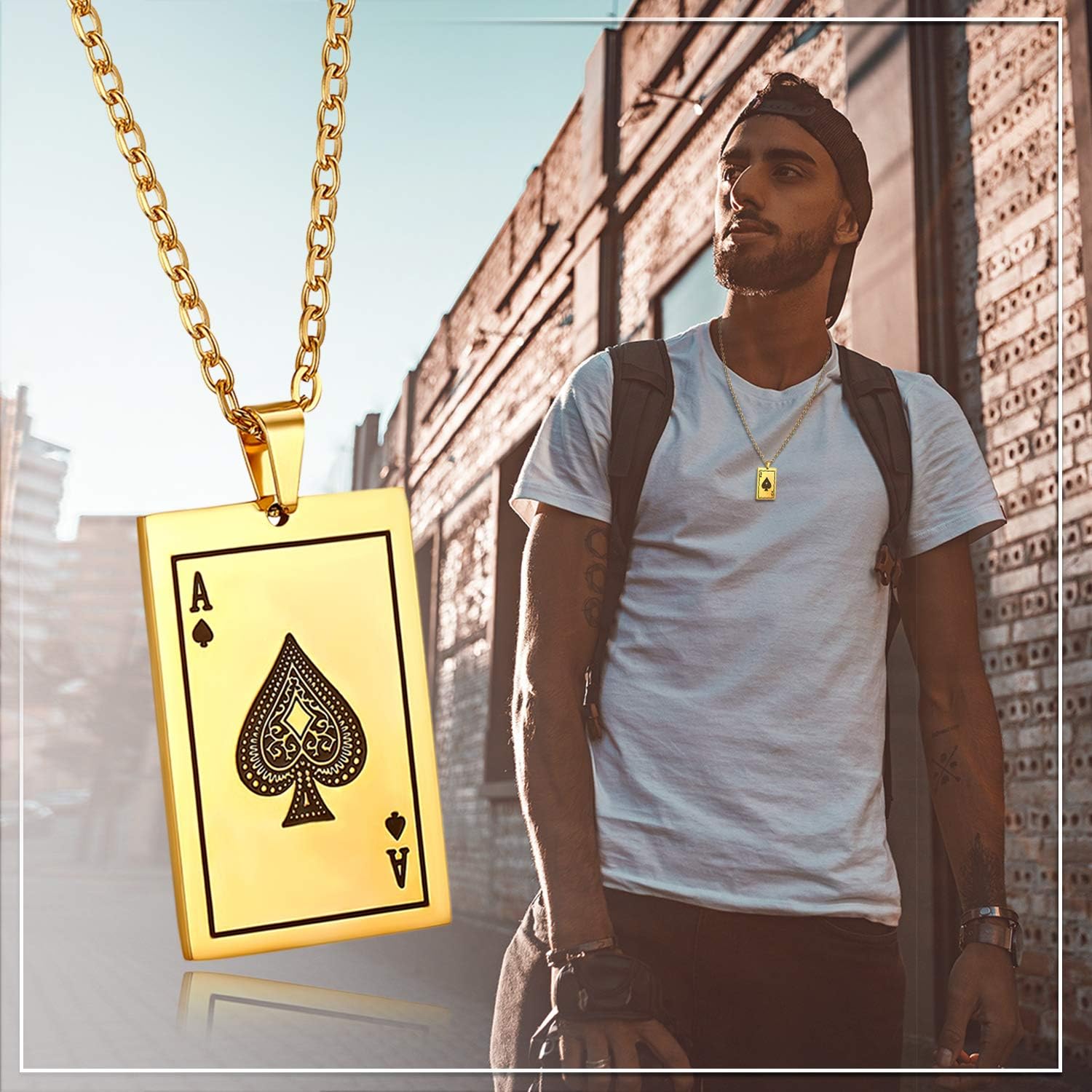 Cupimatch Mens Stainless Steel Ace of Spades Queen Heart Poker Playing Card Pendant Necklace 22 Inch Chain Gold for Fathers Day - Image 3