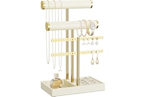bussdis 3 Tier Bracelet Holder Display - Beige Leather Bracelet Holder, Detachable T Bar Jewelry Holder Organizer for Bracelet, Necklace, Earrings, Rings, Watches, Bangle