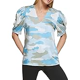 DKNY Womens Polished V-Neck Statement Sportswear Top