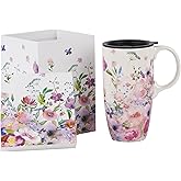Topadorn Ceramic Coffee Mug for Home & Office, 17oz. Porcelain Latte Travel Cup with Lid and Color Box, Pink Flower Art Tea Mug with Handle, 6.5" H